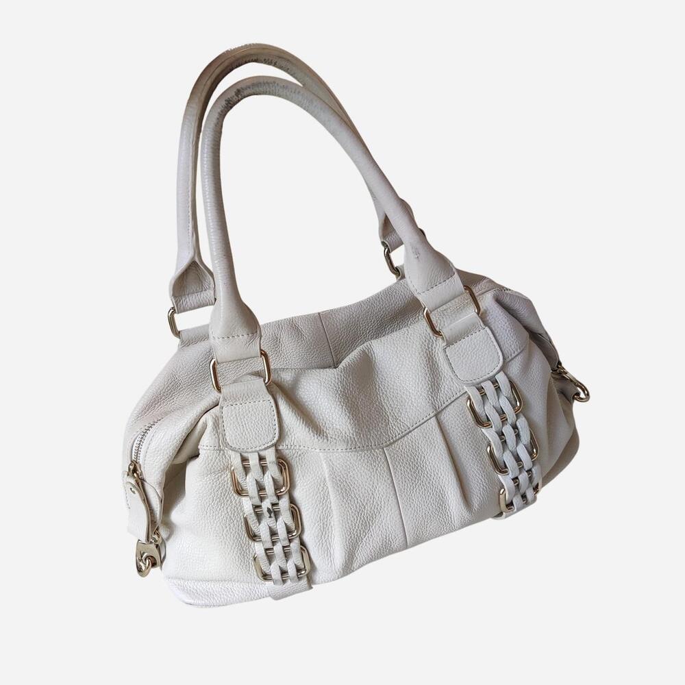 Y2K Danier Cream/White leather handbag with gold hardware and woven strap detail